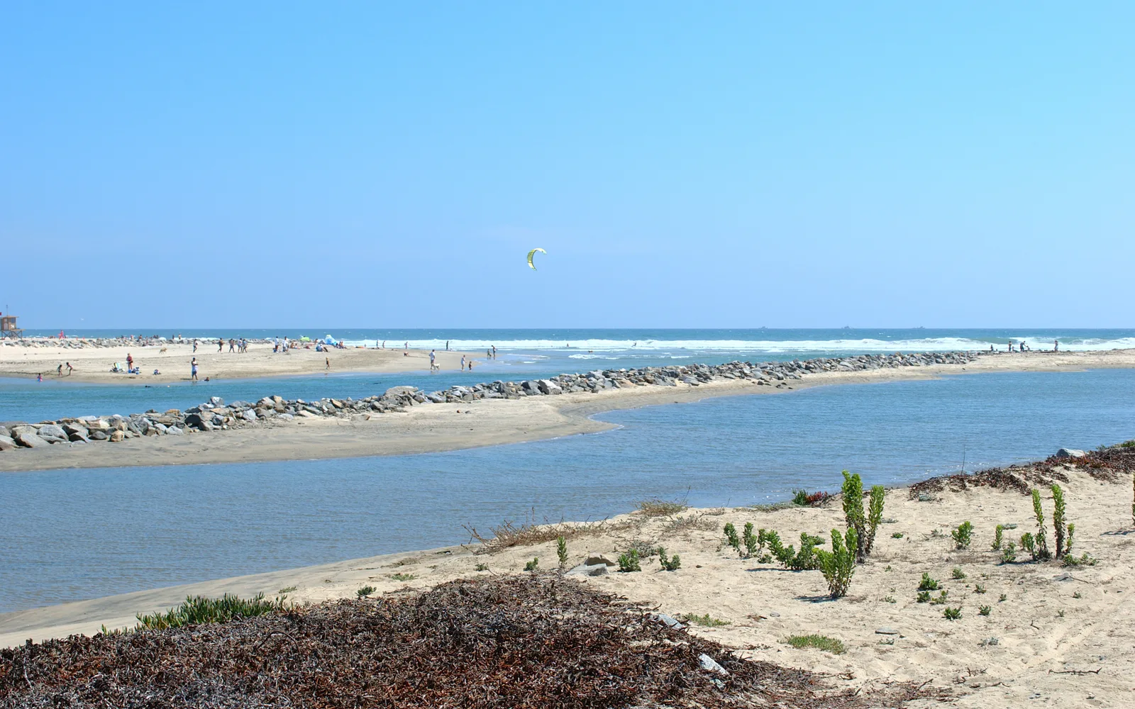 The Santa Ana River mouth flowing into the Pacific Ocean at Huntington Beach